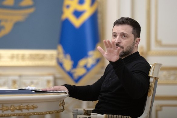 Ukraine’s President Volodymyr Zelensky during a meeting with US Treasury Secretary (unseen) in Kyiv to discuss a rare-minerals-for-security deal.