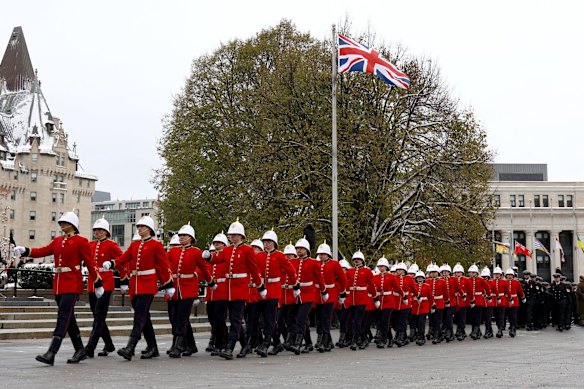 Members of the Canadian military march during the National Remembrance Day ceremony at the National War Memorial in Ottawa in November.