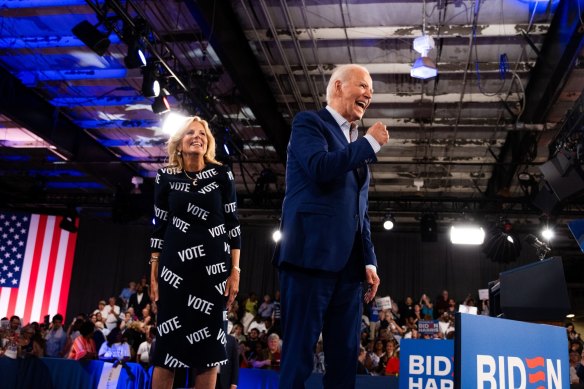 US President Joe Biden, right, and First Lady Jill Biden during a run  lawsuit   astatine  the North Carolina State Fairgrounds the time  aft  the debate.
