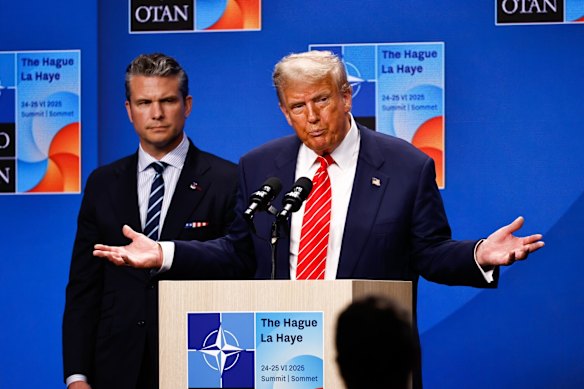 US President Donald Trump, right, with Pete Hegseth, US secretary of Defense, at the NATO summit at The Hague in June.