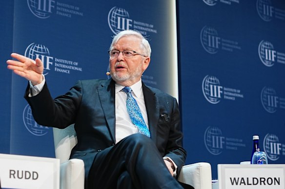 Australian ambassador to the US Kevin Rudd on stage at the International Institute of Finance in Washington this week.