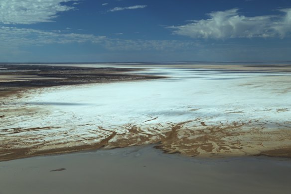 A rare sight … floodwaters arrive at Kati Thanda-Lake Eyre.