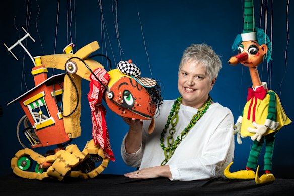 Rebecca Hetherington with some of her father’s creations, including Mr Squiggle.