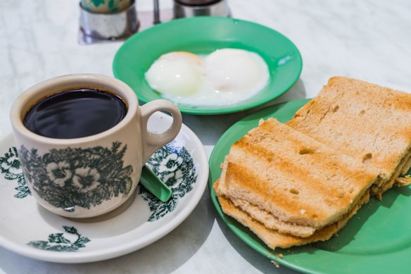 This ultimate Singaporean breakfast … kaya toast with half-boiled eggs.