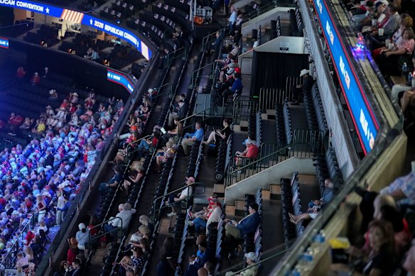 “This place is packed,” Trump said at one point, even though the upper stands were mostly empty.