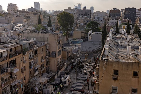 The site of a ballistic missile strike in Tel Aviv on Monday.