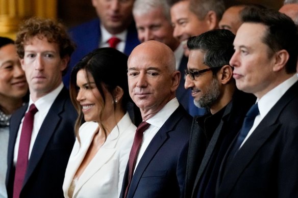 Meta chief Mark Zuckerberg (left) watches the inauguration next to Amazon founder Jeff Bezos and his partner, Lauren Sanchez; Alphabet CEO Sundar Pichai and Tesla boss Elon Musk.