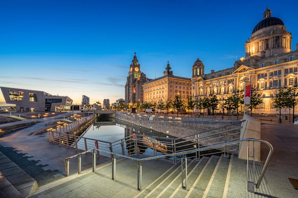 The Liver building next to the Port Authority and the Cunard Building on Pier Head, Liverpool.