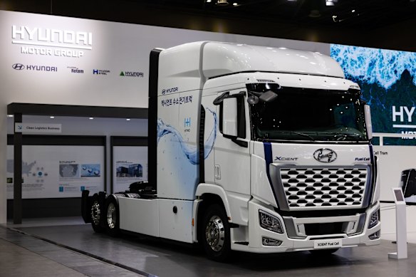 A Hyundai hydrogen fuel cell truck. 