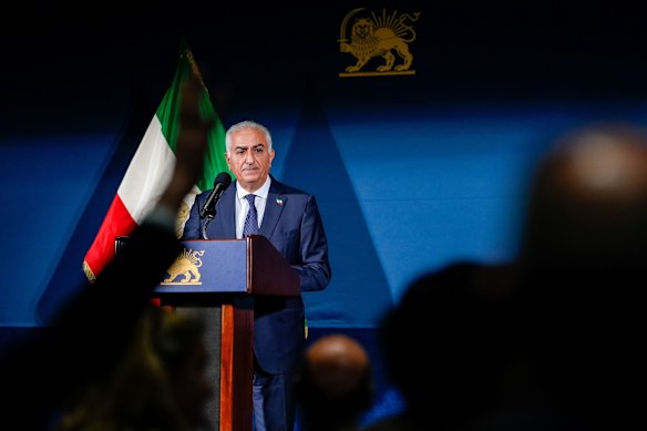 Iranian opposition figure Reza Pahlavi, exiled son of the last shah of Iran, at a news conference in Washington.