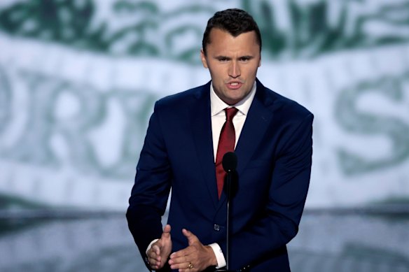 Kirk speaking during the Republican National Convention in Milwaukee last year.