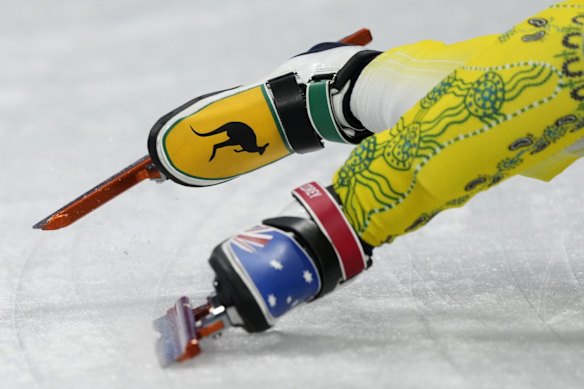 Brendan Corey’s skates during the quarter-finals at the 2022 Winter Olympics in Beijing.