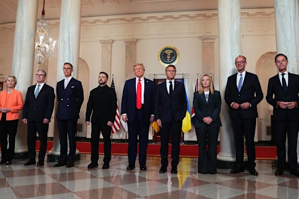 President Donald Trump, centre, with European leaders at the White House in August.