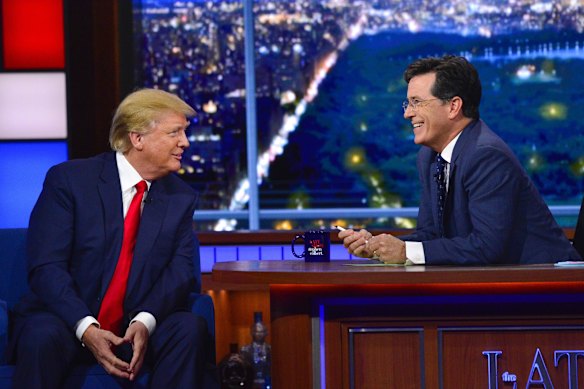 Donald Trump appears on The Late Show with Stephen Colbert during his 2015 presidential campaign.
