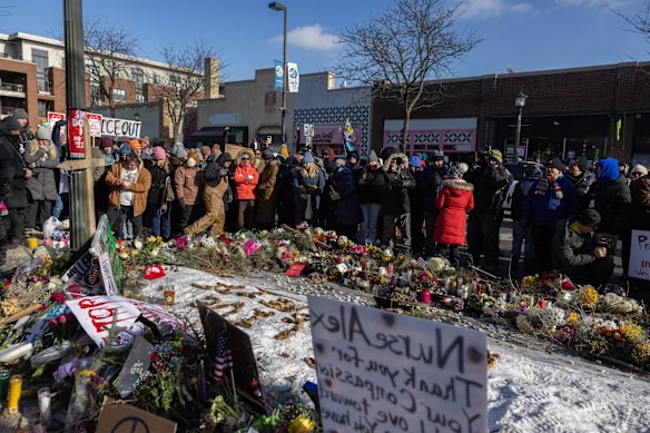 Crowds at the memorial for Alex Pretti on Sunday, the day after he was shot and killed by a federal law enforcement agent in Minneapolis.