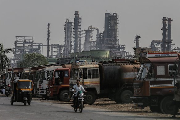 Oil tanker trucks outside an oil refinery operated in Mumbai, India.