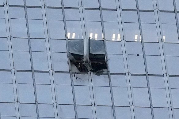 A hole left in the side of the CITIC Tower after the incident.