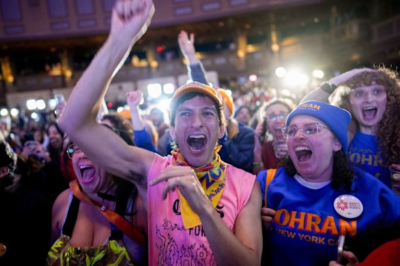 Zohran Mamdani supporters react to the election result at an event on election night.