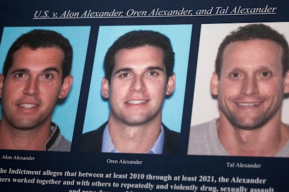 A display showing images of Alon, Oren, and Tal Alexander in December 2024.