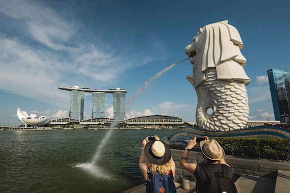 The iconic Merlion statue stands opposite Marina Bay Sands Hotel.
