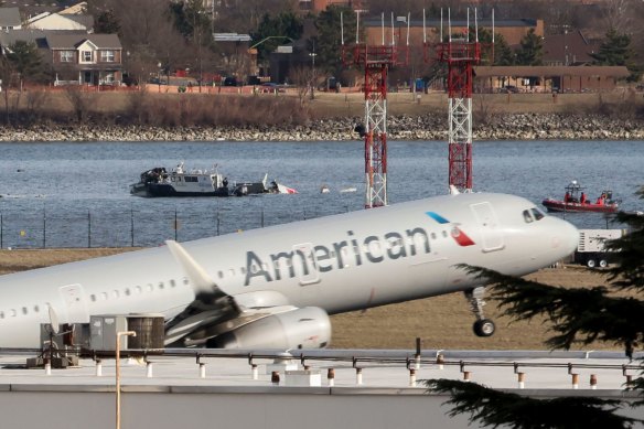 An American Airlines airplane takes off from Ronald Reagan Washington National Airport.