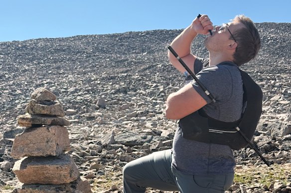 An impaled Cifaldi hiking off Granite Peak.