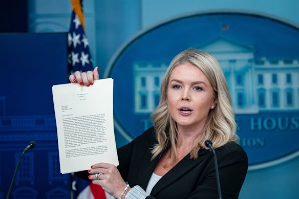 White House press secretary Karoline Leavitt holds a trade letter sent to Japan during on Monday.