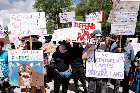 Protesters rally outside Alligator Alcatraz in July.