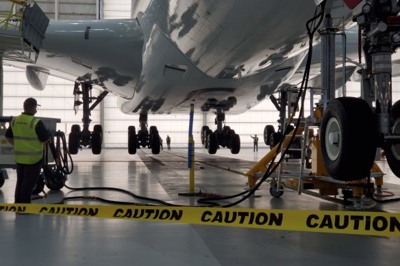 A Qantas A380 in one of Victorville’s storage hangars. 