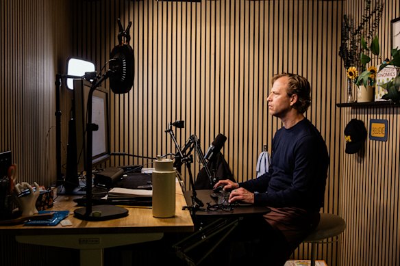 Wolfers at his home studio in Ann Arbor, Michigan. His new media company Platypus Economics launched in May.