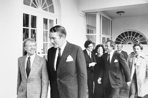Former prime minister Malcolm Fraser (right) and then US president Jimmy Carter at the White House in 1980.
