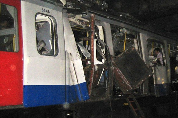 A bomb-damaged Circle Line train stopped between Liverpool Street and Aldgate stations on July 7, 2005.