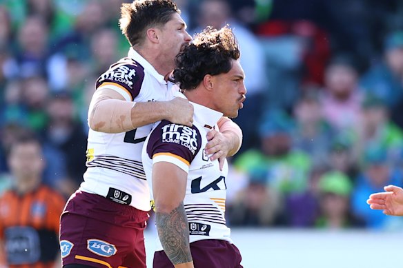 Kotoni Staggs was one of three members in Brisbane’s back five to run for more than 200 metres against Canberra.
