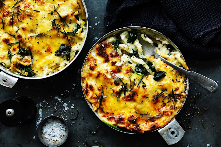 Dan Lepard's spinach and rosemary macaroni cheese.