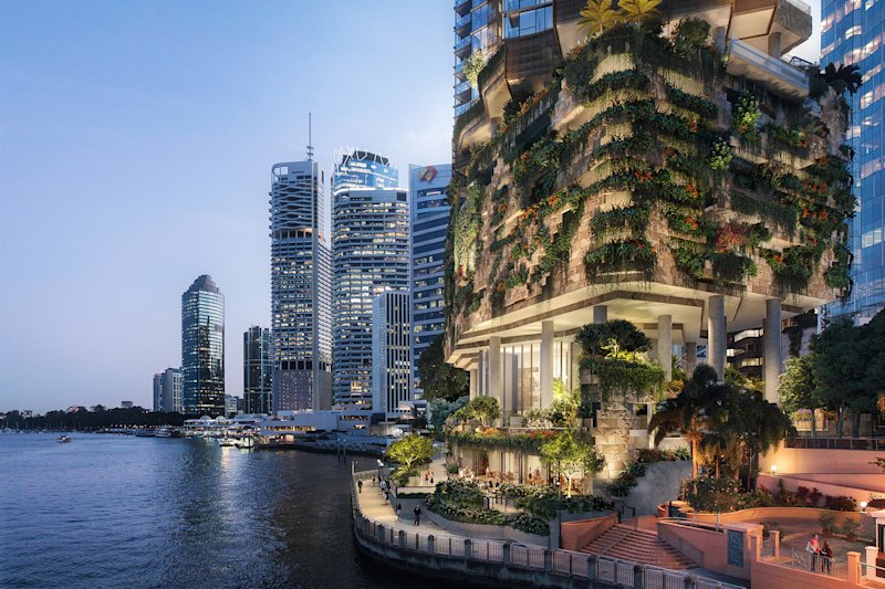 Render of WOHA’s residential high-rise at 443 Queen Street, Brisbane.