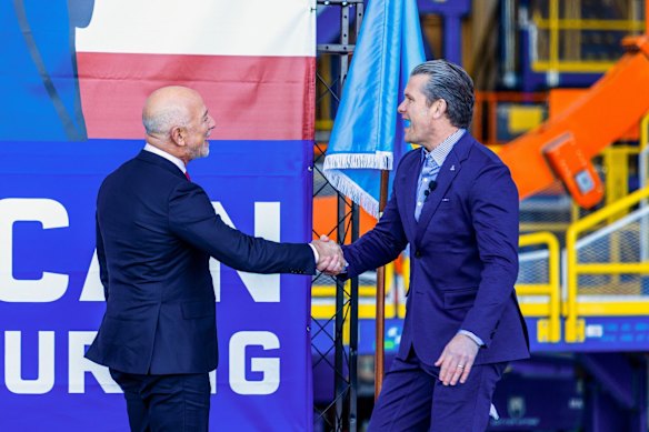 Bezos (left) welcomed War Secretary Pete Hegseth to his company Blue Origin in Florida this week.