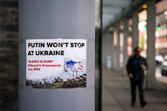 A poster displayed in downtown Anchorage, Alaska, ahead of the summit.