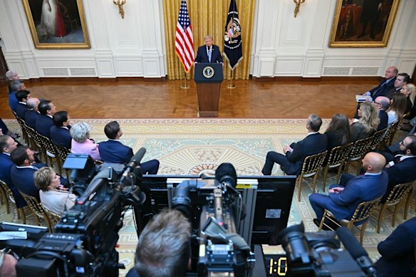 Trump had an audience of about 50 people that included Vice President JD Vance, Secretary of State Marco Rubio, Acting Attorney-General Todd Blanche, FBI director Kash Patel and the acting director of national intelligence, Bill Pulte. They broke into applause at the end of Trump&rsquo;s remarks.