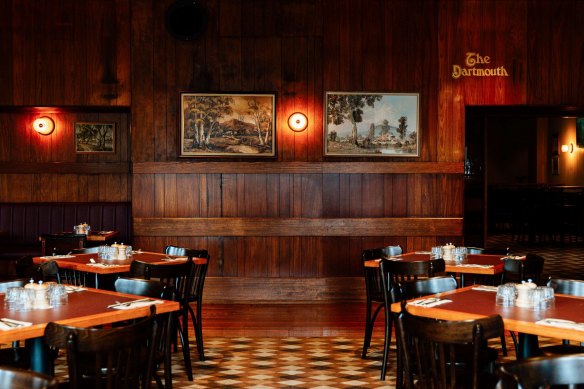 The Orrong Hotel’s wood-panelled eating  room.
