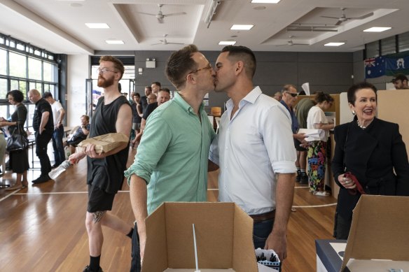 Independent Sydney MP Alex Greenwich and husband Victor Hoeld cast their vote in Surry Hills on Saturday.