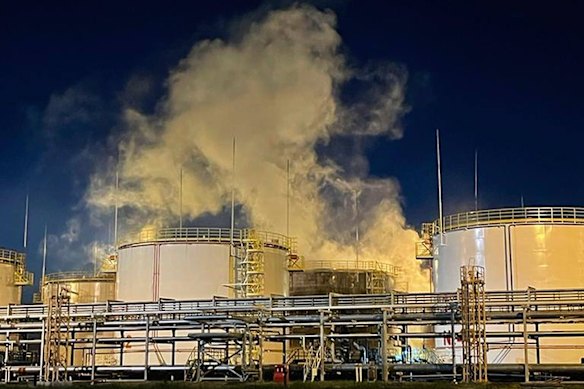 Smoke rises from an oil refinery in southern Russia after a drone attack in May 2023.