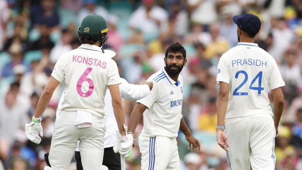 Sam Konstas and Jasprit Bumrah exchange words at the SCG.