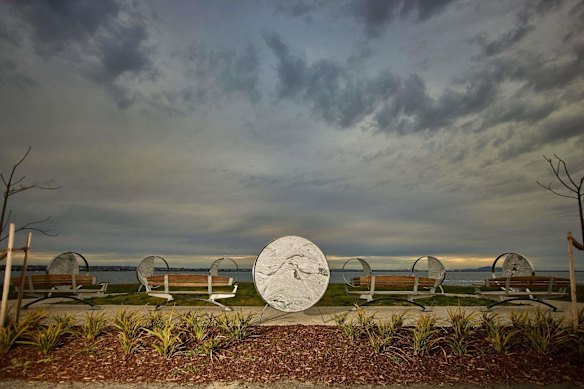Solace, a walk-through sculpture overlooking Geelong’s Corio Bay, offers a contemplative space for those grieving after road accidents. 