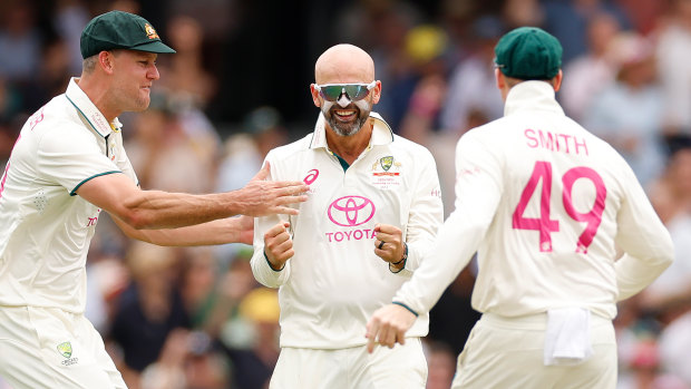 Nathan Lyon celebrates the wicket of Shubman Gill at the SCG, his only wicket in the Sydney Test.