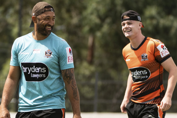 Tigers youngster Lachlan Galvin with Benji Marshall.
