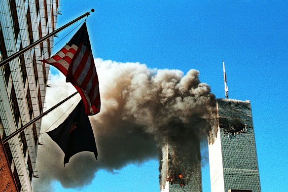 Smoke pouring out from the World Trade Center after it was hit by two planes on September 11, 2001.