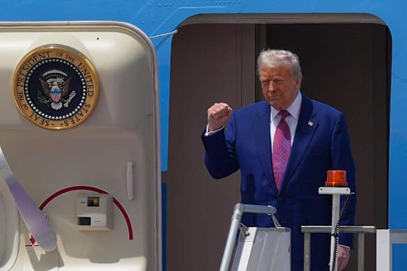 Donald Trump arrives on Air Force One at King Khalid International Airport Royal Terminal in Riyadh.