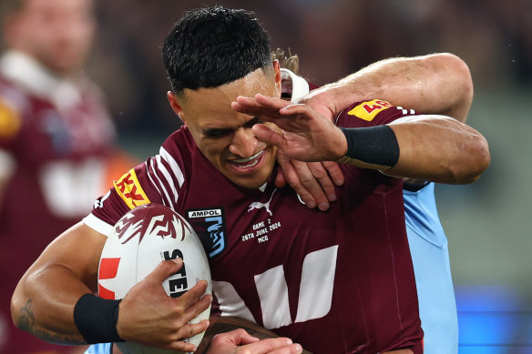 Valentine Holmes struggled against a rampant Blues’ left edge in the first half.