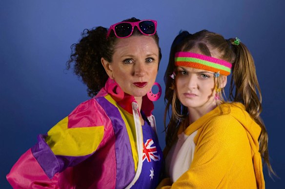Meryn Cooper as mum and Amelia Slatter as Tracey in <i>8 More Years</i>, which draws on broad Australian comedy tropes seen in films such as <i>The Castle</i>.