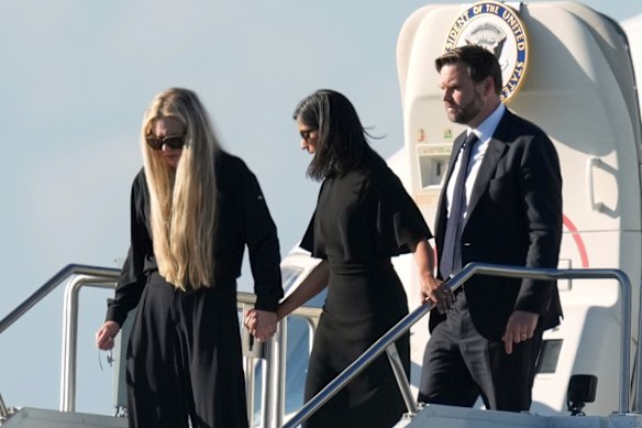Kirk&rsquo;s wife, Erika (left), with US Vice President JD Vance and his wife, Usha, on Thursday. Vance had Kirk&rsquo;s body transported home on Air Force Two.